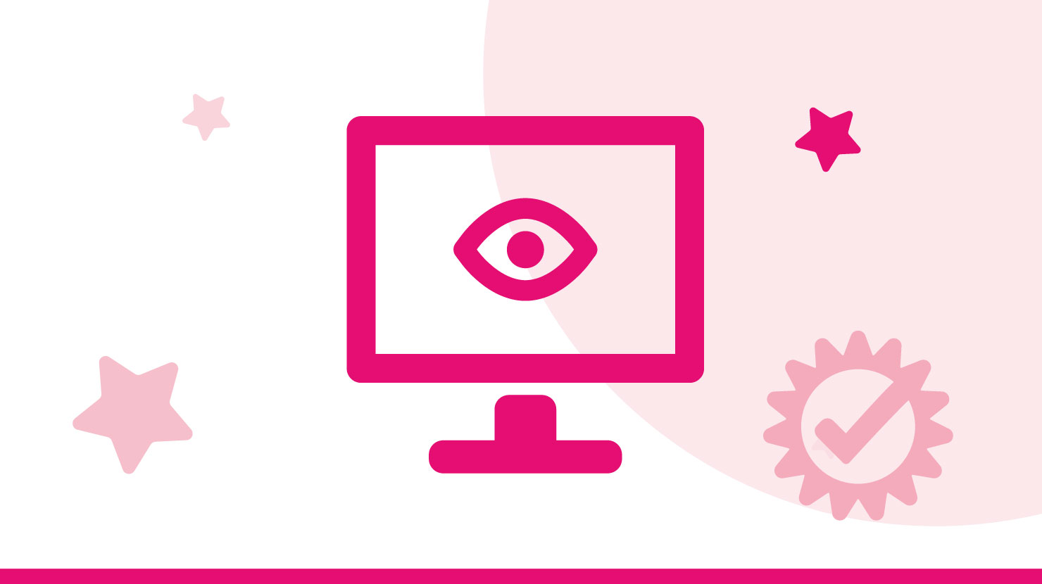 pink computer monitor icon, stars and checkmark