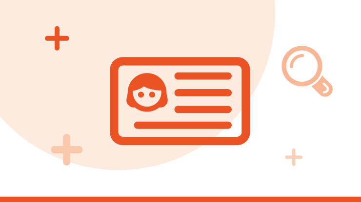 orange ID card, magnifying glad and plus signs
