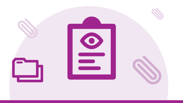 Purple clipboard with an eye on it, folder envelopes and paperclips.