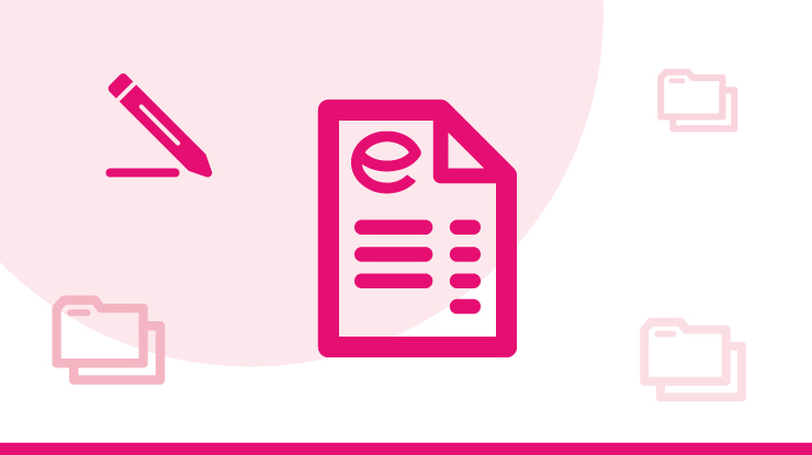 Pink e-document icon with folder envelopes and a pencil icon.