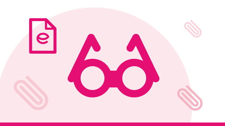 Pink glasses with an e-document icon and paperclips.